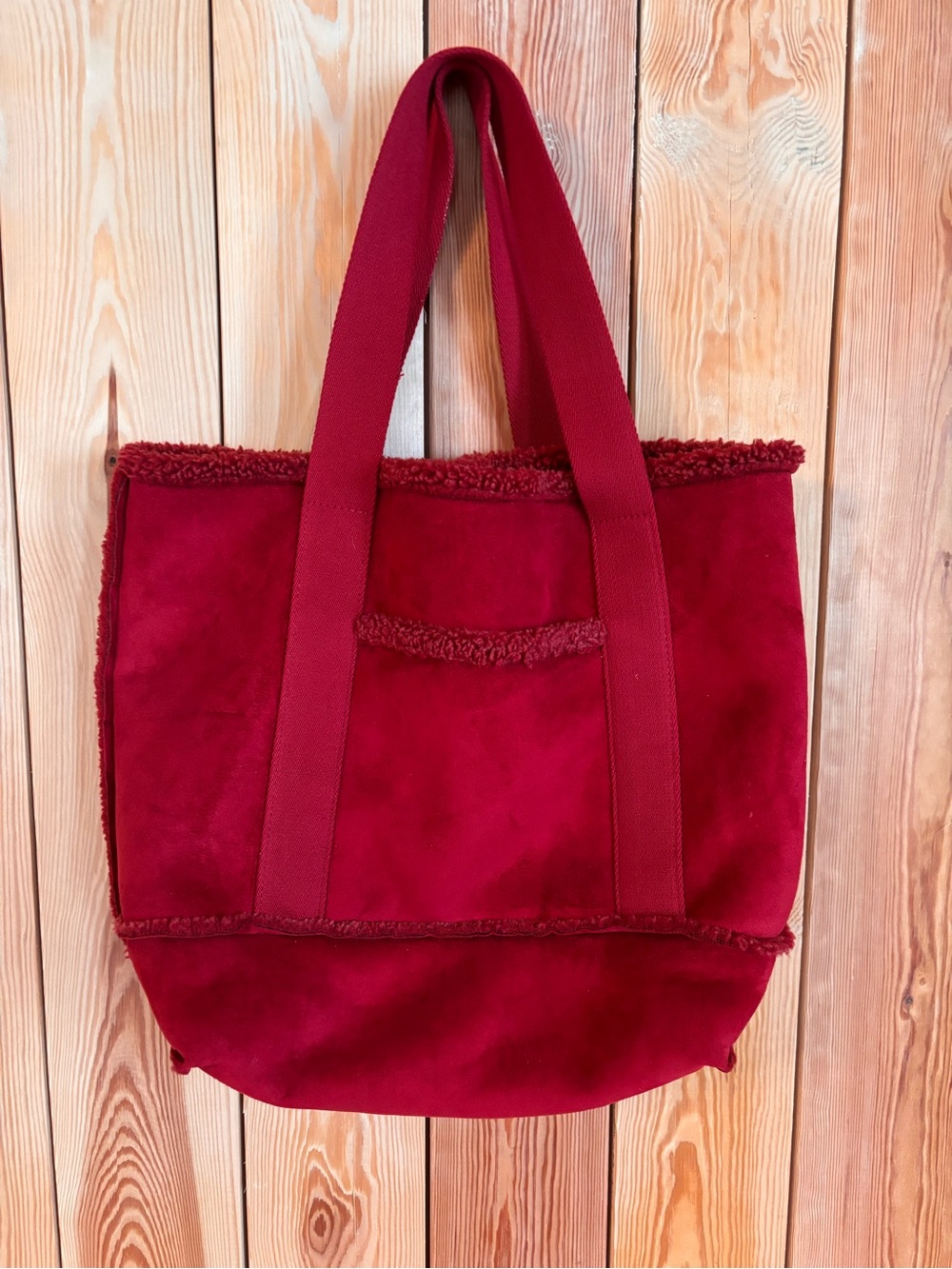 Lands End Red ‘Suede’ Tote Bag with Shearling Trim - Women